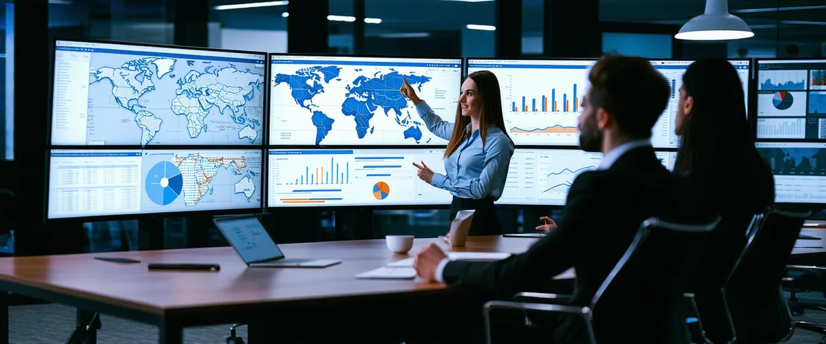 CRE investment team reviewing parcel analytics on large screens in a modern office